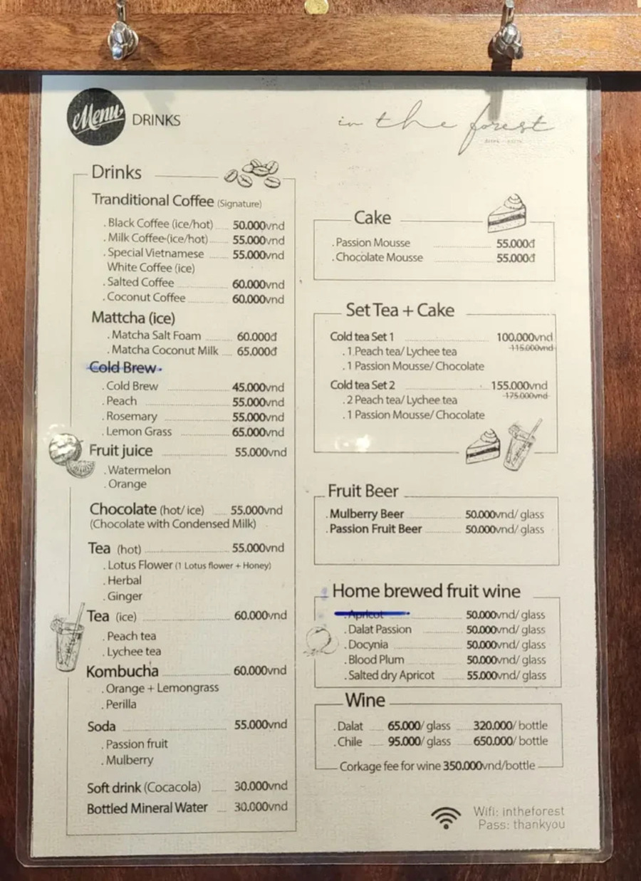 Menu thực đơn In The Forest Đà Lạt