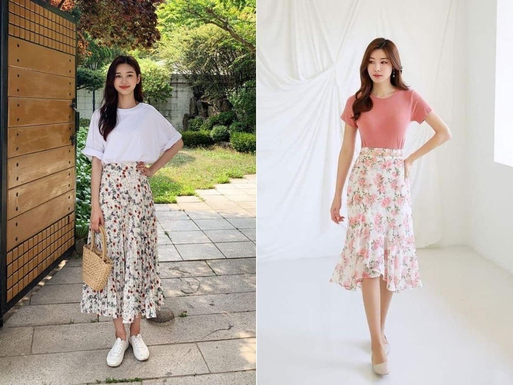 Áo phông + Chân váy hoa